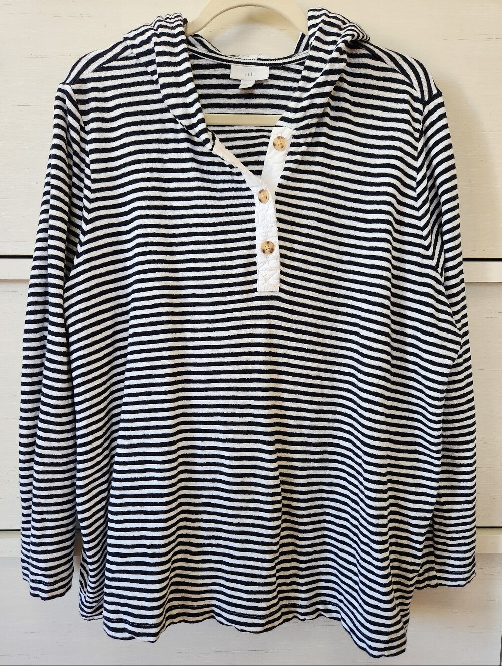 J.Jill Eyelet Trimmed Hoodie Black & White Stripe Cotton Sweatshirt Womens Sz XL
